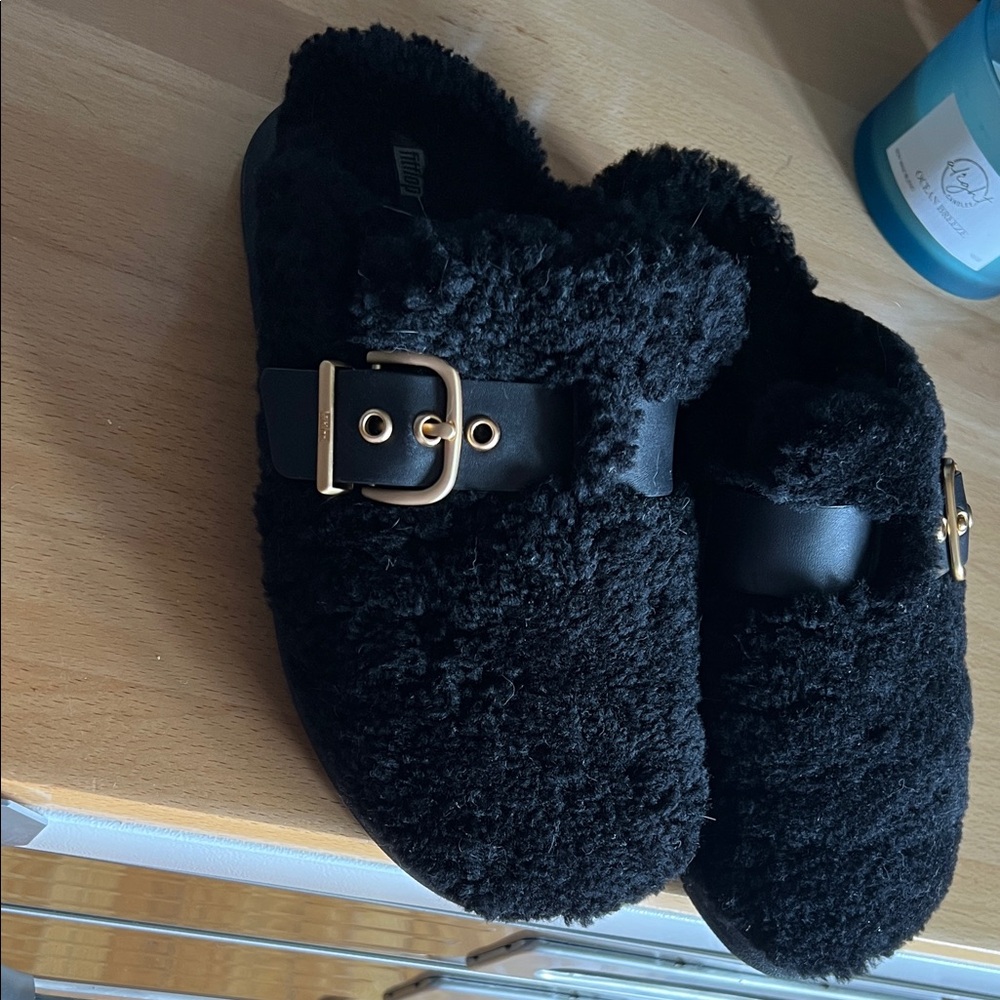 Fitflop Black Furry Loafers with Gold Buckle